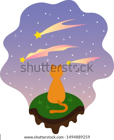 Cartoon ginger cat sitting on a green and brown piece of land, looking at the sunset sky with three shooting stars with gradient tails, vector graphics, vector illustration
