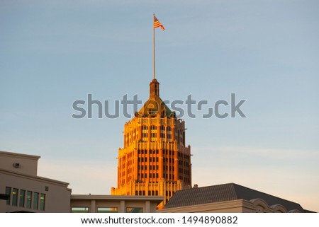 Tower Life Building in the early morning with the first sunlight of a day, San Antonio, Texas, USA.