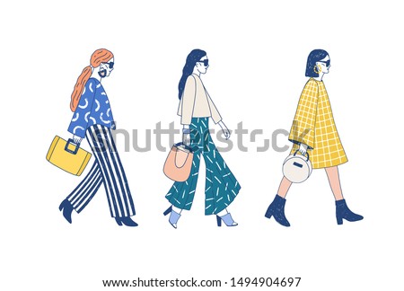 Fashion show runway flat vector illustration. Models dressed in haute couture clothing cartoon characters on white background. Designer demonstrating latest collection. Topmodel wearing trendy outfit.