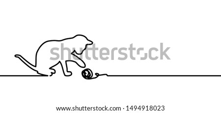 Cat with tuft of wool. Drawing happy cat line pattern.  Kitty silhouette pictogram. Flat vector sleeping cartoon sketch sign. Animals day or Cat day. Lovers, love heart kitten. Cats say meow. Mouse.
