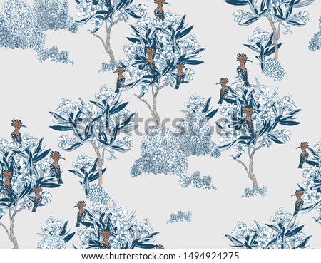Seamless Pattern Cobalt Blue Oriental Chinese Motifs Pattern Exotic Hoopoe Birds in Blooming Garden Oleander Trees Monochrome Retro Hand drawn Illustration with Blue Background