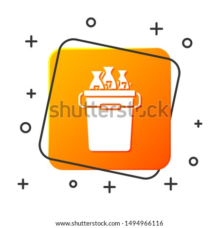 White Fishing bucket with fishes icon isolated on white background. Fish in a bucket. Orange square button. Vector Illustration
