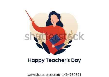 Happy teacher's day poster background concept. Pretty Woman Teacher explaining gesture with beautiful flower ornament and love heart frame. vector flat illustration creative graphic design Royalty-Free Stock Photo #1494980891