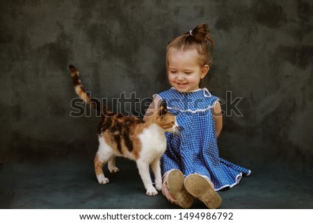 little girl in a beautiful dress plays with a cat in the studio