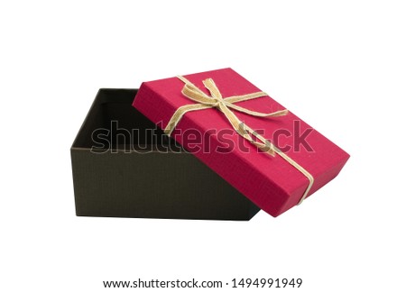 surprise gift red and brown color ribbon cross square present box isolated on white background with clipping path