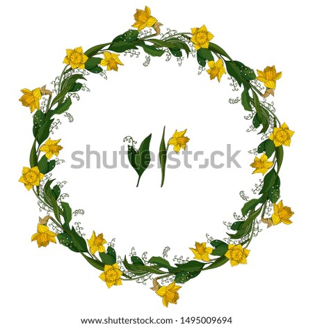 Set with yellow daffodils and lily-of-the-valley. Round frame and spring flower elements on white background. Romantic floral elements for season greeting cards, posters, advertisement. Raster copy