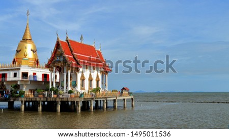 Thai temple in the sea on the sky backgroundat chachoengsao province
