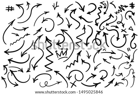 Abstract arrows in hand drawn style for concept design. Arrows Doodle illustration. Different black Arrows vector set.