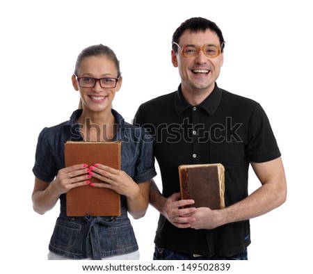 Two happy students isolated on white background