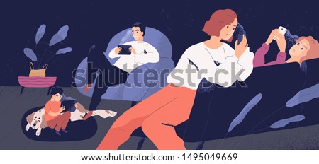 Family gadget addiction problem concept flat vector illustration. People holding smartphones and tablets. Adults and children social media networks users. Parents and kids surfing Internet at home. Royalty-Free Stock Photo #1495049669