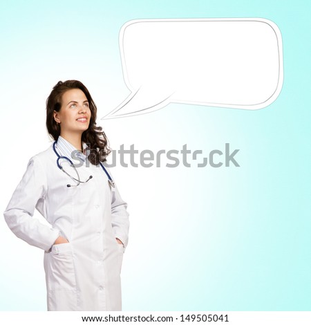 young woman doctor says cloud over his head, place for text