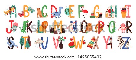 English alphabet with cute animals vector illustrations set. Isolated capital letters with related Scandinavian style birds, mammals, fruits. Childish font for kids ABC book symbols pack.