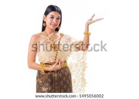 Beautiful woman Thai dancing in national traditional costume of Thailand. Isotate on white background.