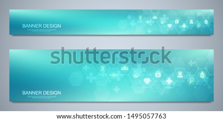 Banner design template. Concept and idea for health care business, medical research, healthcare technology, science with medicine icons and symbols.