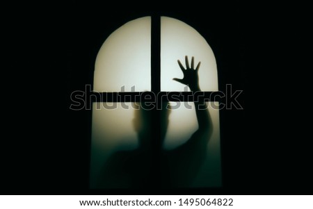 The silhouette of a human in front of a door at night.Scary scene Halloween concept of blurred silhouette