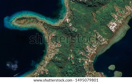 Landscape of the coast of the resort island of Bora Bora from a bird's eye view