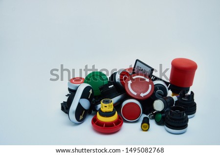 Many emergency buttons on white background.STOP Button for industrial machine, Emergency Stop for Safety.