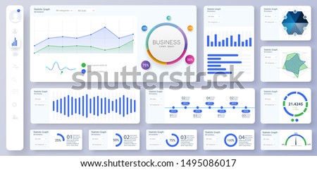 Informative and simple dashboard. Colorful infographics template for business and other projects. Admin panel interface with color charts, graphs, 3D infographics. Vector  Royalty-Free Stock Photo #1495086017