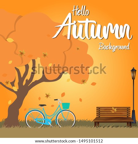 Turquoise bicycle with orange background in an autumn day with stripped leaves from orange trees and bench in the park. - Vector, illustrator.