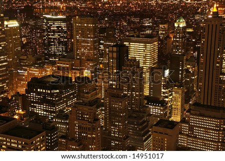 Aerial view of Manhattan cityscape at dusk, from the top of the Rockefeller Center - New York City, USA