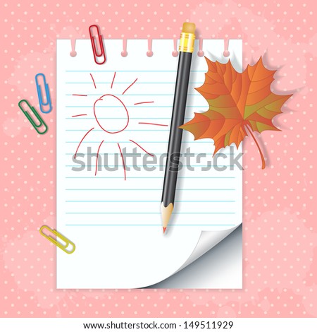 School notepad with pencil and autumn leaf on polka dot background