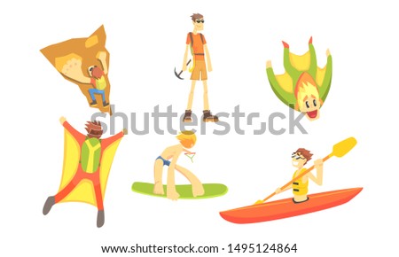 People Outdoors Activities Set, Skydiving, Surfing, Canoeing, Skiing, Mountaineering Vector Illustration