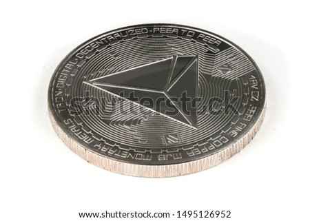 Face of the crypto currency silver tron isolated on white background. High resolution photo. Full depth of field.