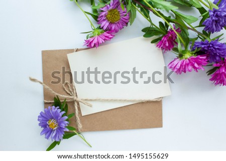 card mockup with asters. invitation cards with eucaliptus