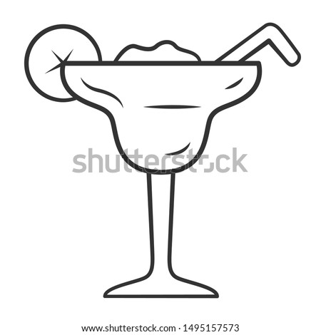 Margarita linear icon. Footed glass with icy drink, lemon slice, straw. Cocktail with tequila, liqueur, lime juice. Thin line illustration. Contour symbol. Vector isolated outline drawing
