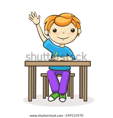 the boy answers the question, a student raised his hand, sitting at the table