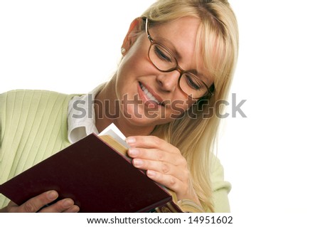 Attractive Woman Reading Isolated on a White Background.