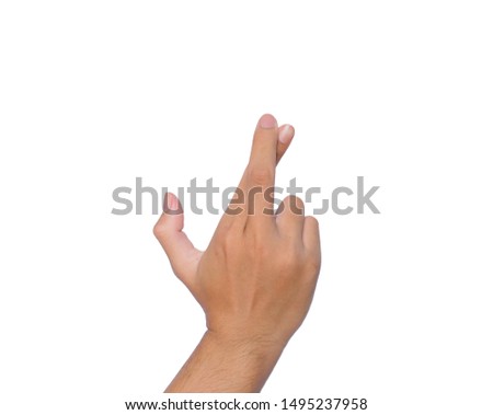 Crossed fingers, hand symbol, viewed from back isolated on white background.