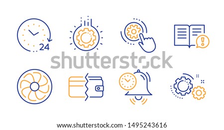 Gear, Cogwheel settings and Facts line icons set. 24 hours, Payment methods and Time management signs. Fan engine, Gears symbols. Work process, Engineering tool. Business set. Line gear icon. Vector Royalty-Free Stock Photo #1495243616