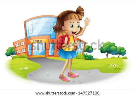 Illustration of a girl going home from school on a white background
