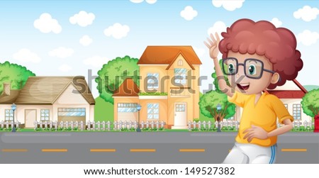 Illustration of a boy jogging in front of the neighborhood