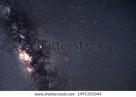 Panorama view of universe space shot of nebula and milky way galaxy with stars on blue night sky. Beautiful scene of Milky Way that contains our Solar System under amazing starry night sky with noise