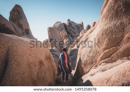 Man Bedouin in the middle of the rocks at Joshua Tree National Park Carpet Blanket