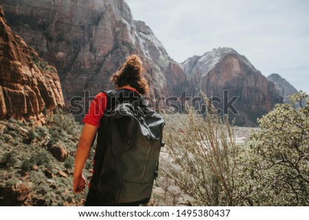 Man bun hair looks to the canyon at zion national park desert mountains nature outdoor backpacker angels landing trail