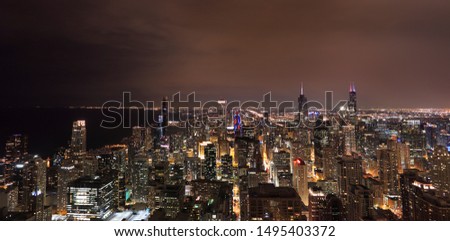 Aerial panoramic view of Chicago skyline at night