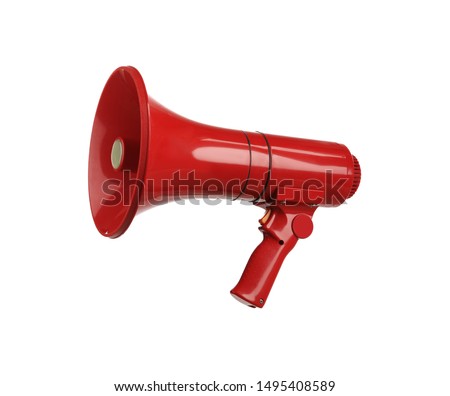 Red electronic megaphone on white background. Loud-speaking device Royalty-Free Stock Photo #1495408589