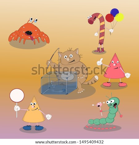 set of vector cartoon characters candy, crab, cat, cone, caterpillar show different emotions on a colored background.