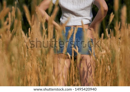 The girl stands in a wheat field and looks into the distance.