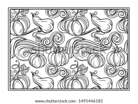 Black and white autumn ornament. Pumpkins and autumn leaves Thanksgiving Day coloring page