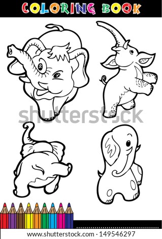 Coloring books or coloring page black and white comic illustrations of elephants.