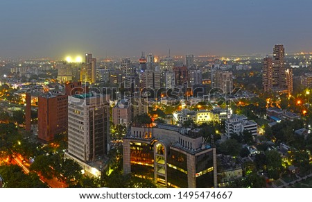 Panoramic Aerial Evening View with the lighting of Central New Delhi,  Royalty-Free Stock Photo #1495474667