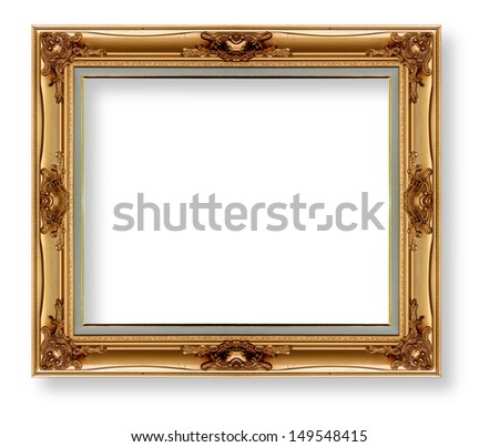 Old antique gold picture frame wall, wallpaper, decorative objects isolated white background.