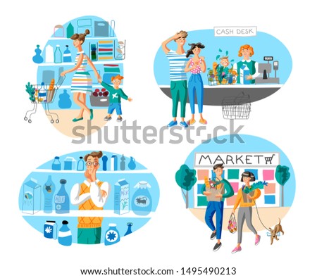 Market shopping flat vector illustrations set. Family in supermarket cartoon characters. Consumers in grocery store buying goods. Market shop interior, customer in mall. Consumerism, doing, purchases