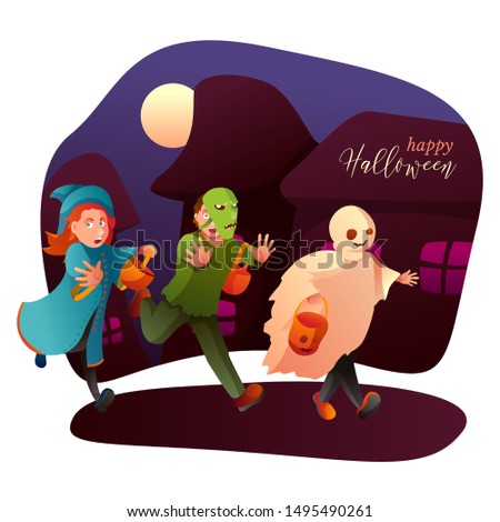 Kids trick or treating flat vector illustration. Little children in ghost, witch and zombie outfits cartoon characters. October holiday celebration, halloween tradition. Costume party, masquerade