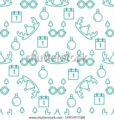 Happy new year 2020, Merry Christmas vector seamless pattern with deer horns, Christmas ball, calendar, glasses with Christmas trees. Masquerade Party Background. Design for wrapping, fabric, print.
