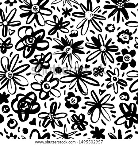 Seamless pattern with hand-drawn flowers. Vector design. Drawn dry brush. Black ink.